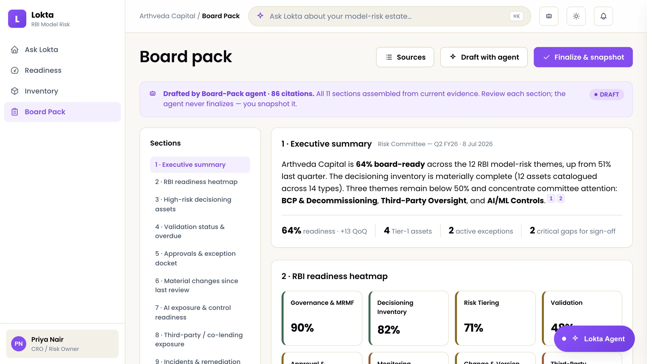 Board pack with 86 citations across 11 sections, drafted by the board-pack agent.