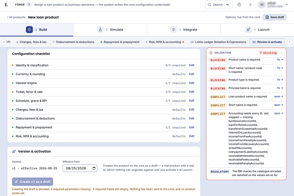 Lokta Product Studio building a new loan product: a configuration checklist across identity, interest, schedule, charges and accounting, beside a validation panel listing what is still blocking the draft.