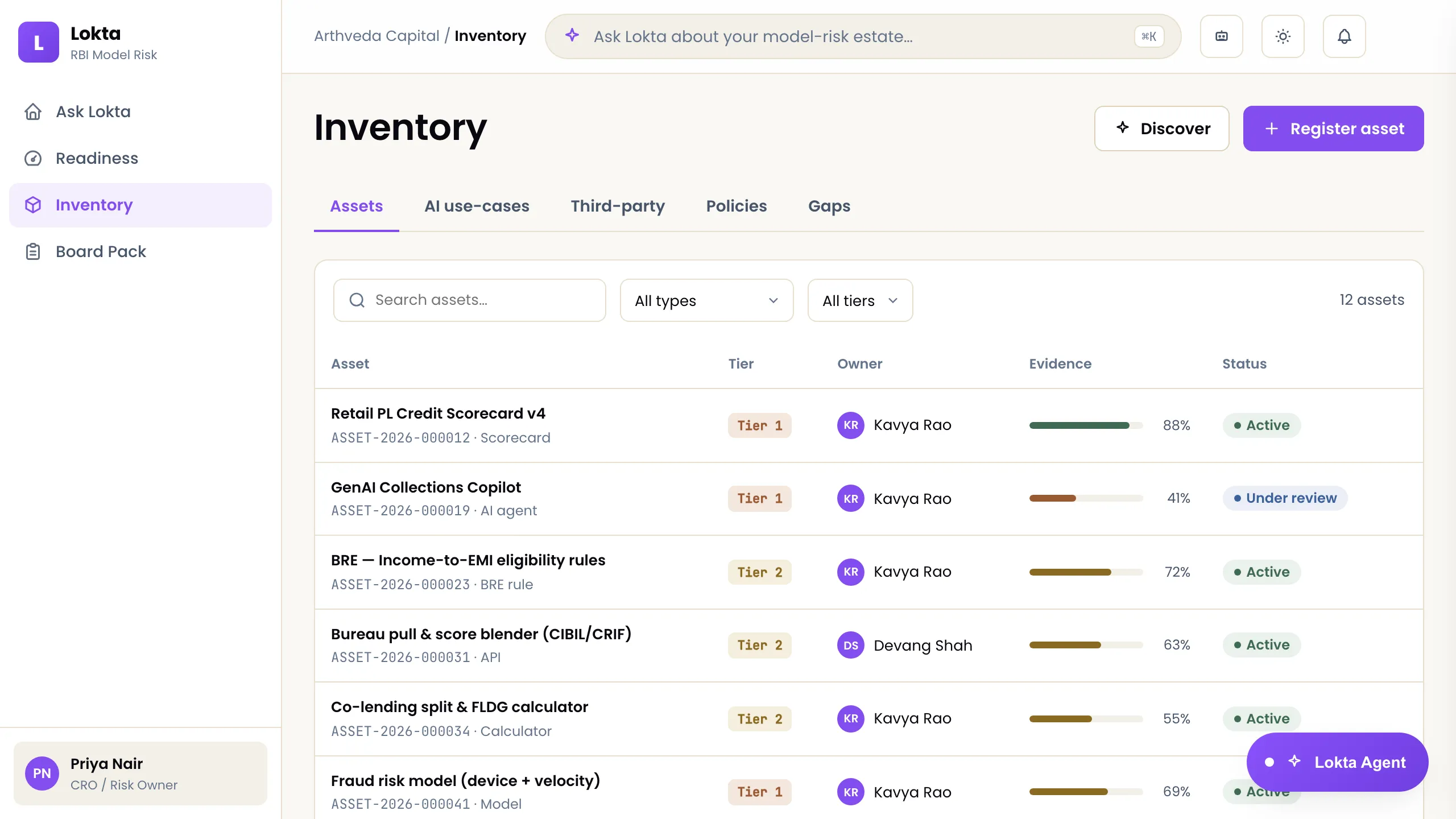 Lokta RBI MRM inventory — decisioning assets listed with owner, risk tier, evidence score, and status.