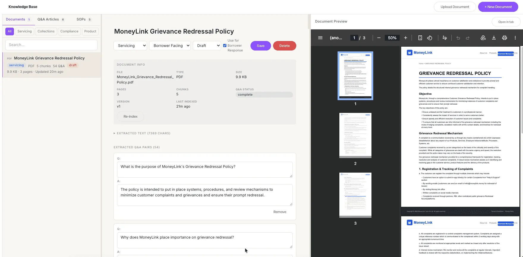Knowledge grounding view tying replies to source FAQs, SOPs, and policy documents.