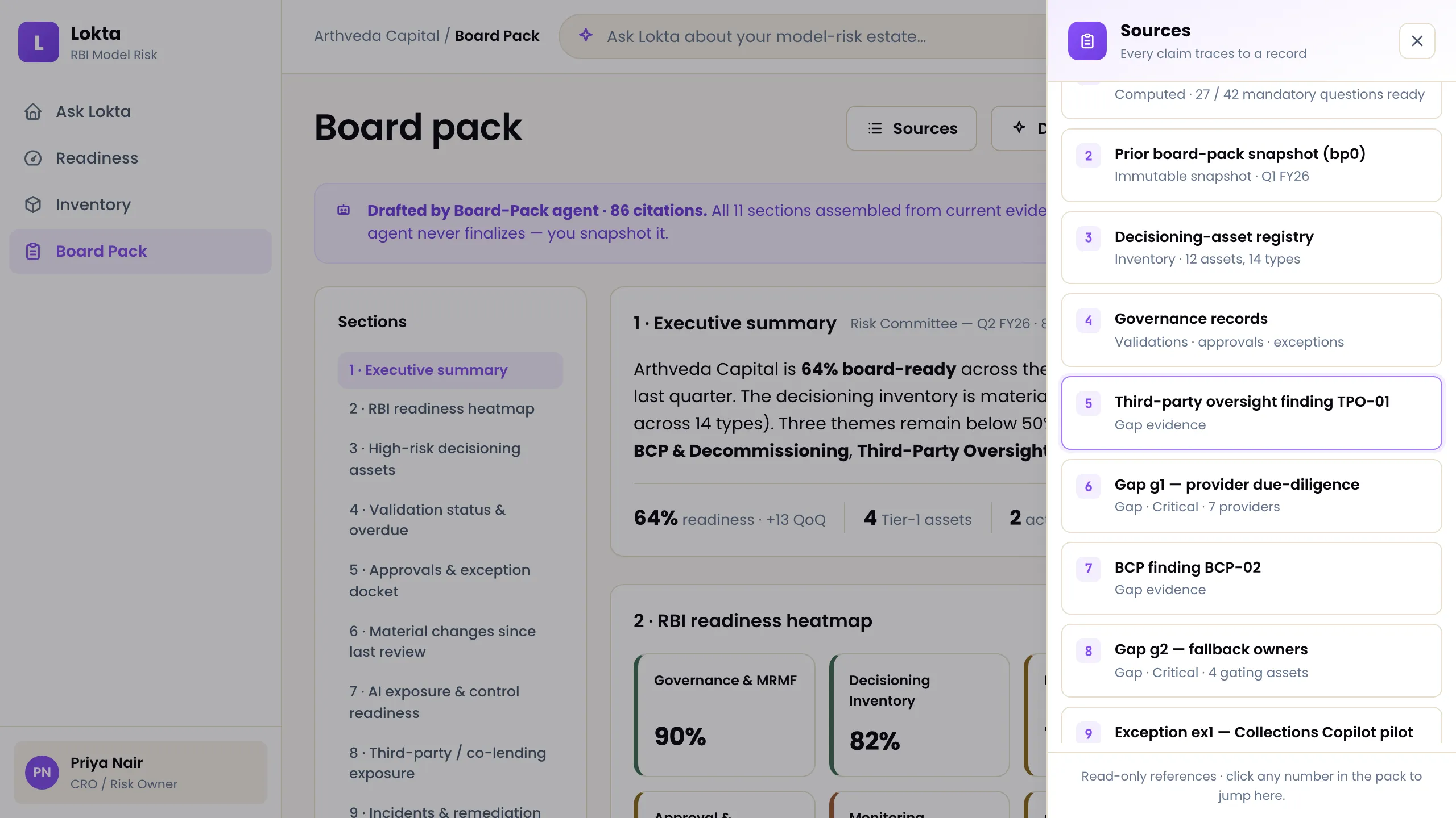 Board-pack Sources panel — every claim traces to a source record you can jump to.