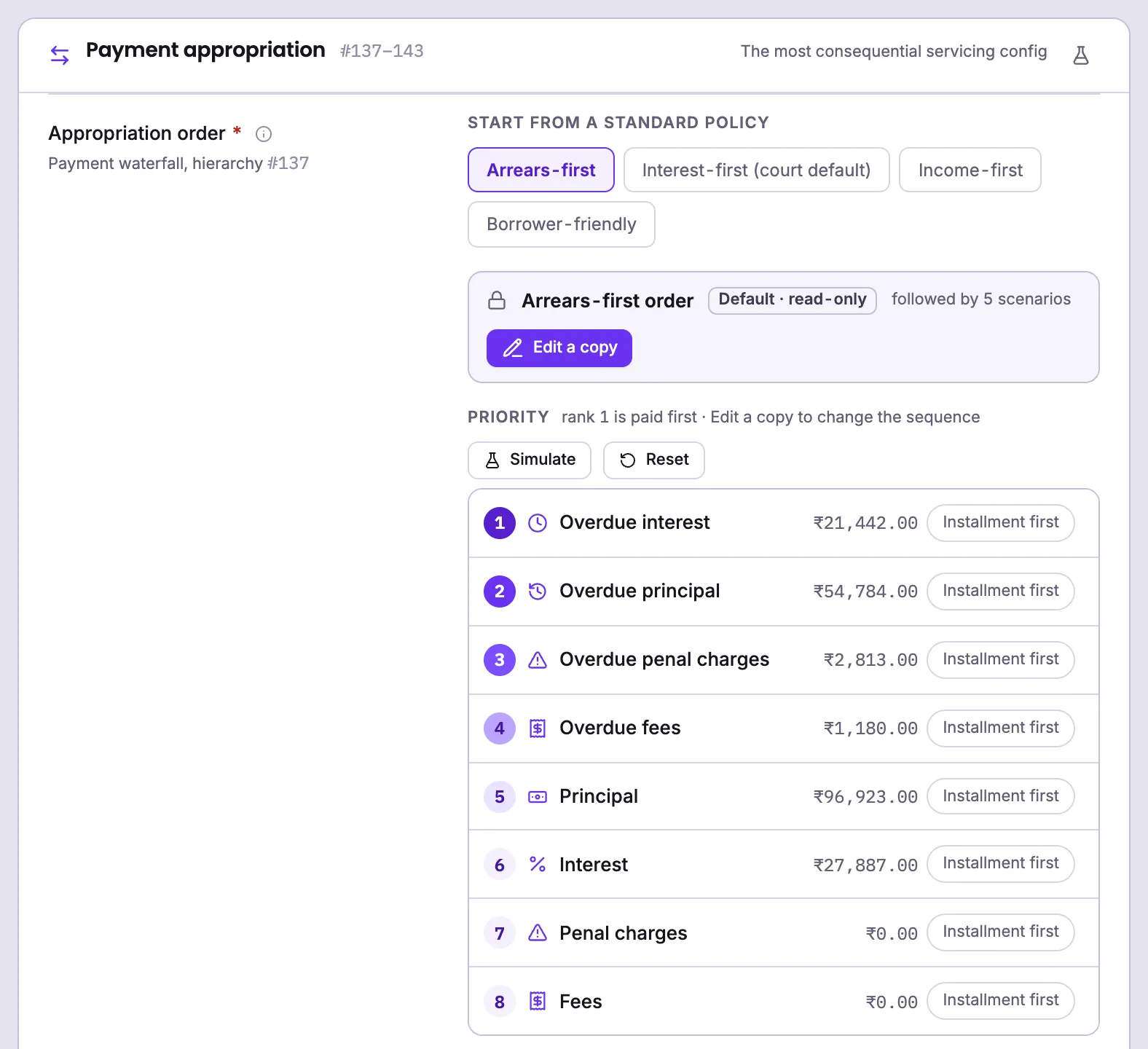 The payment appropriation step in Lokta's product builder: four standard policies to start from, and the eight components ranked one to eight, each with its own installment-first or component-first traversal setting.