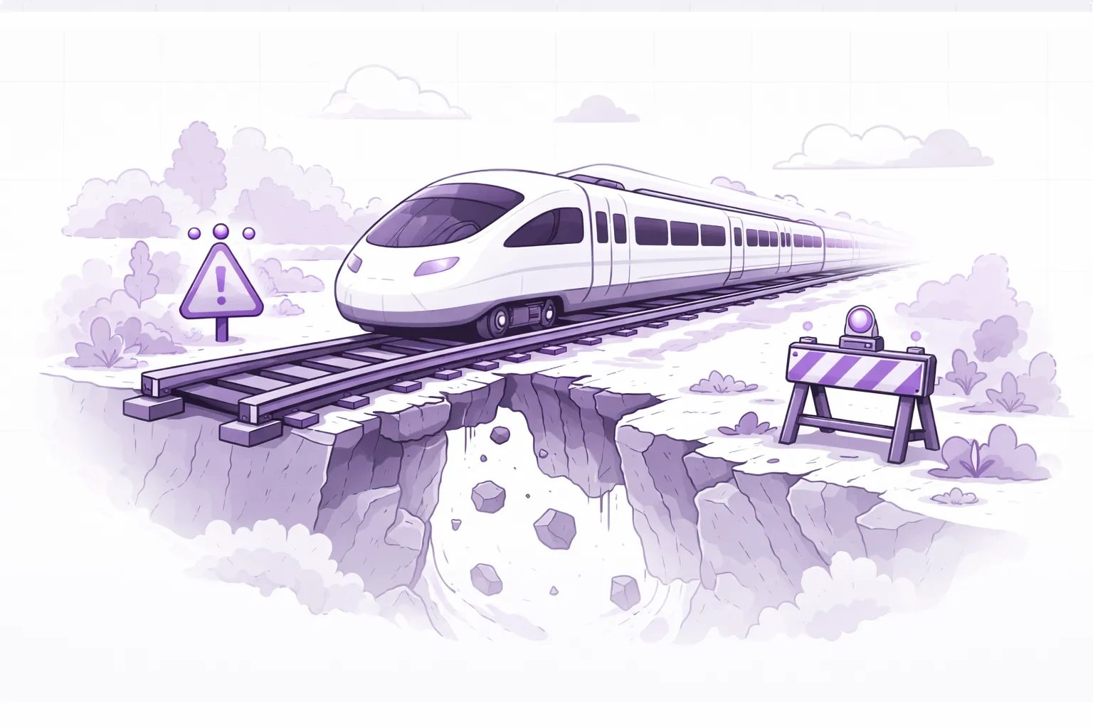 Illustration: a high-speed bullet train approaches a broken section of narrow-gauge track over a chasm — the rails for the next decade of lending aren't there yet.