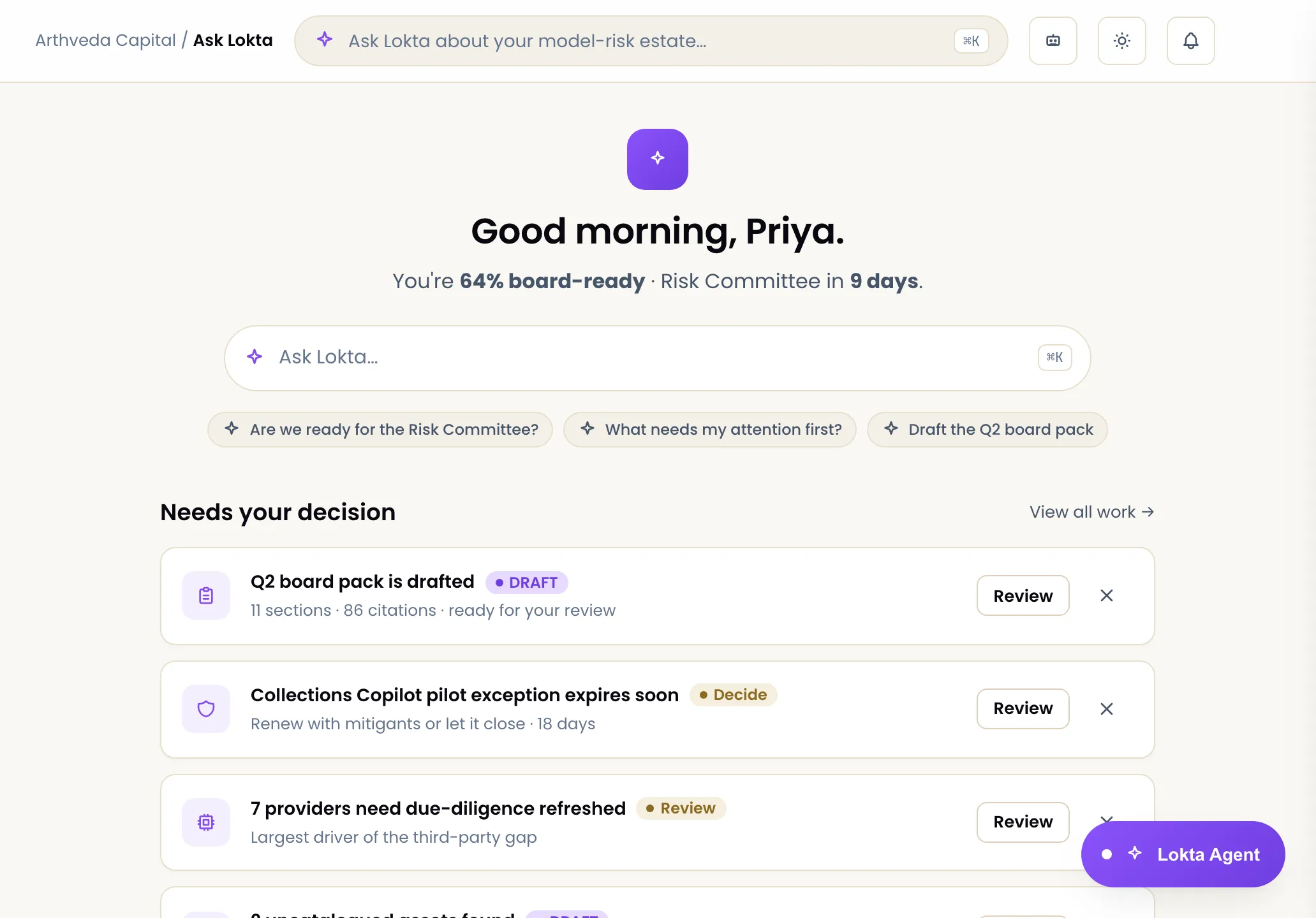 Lokta RBI Model Risk Management — board-readiness, the command bar, and a 'needs your decision' inbox.