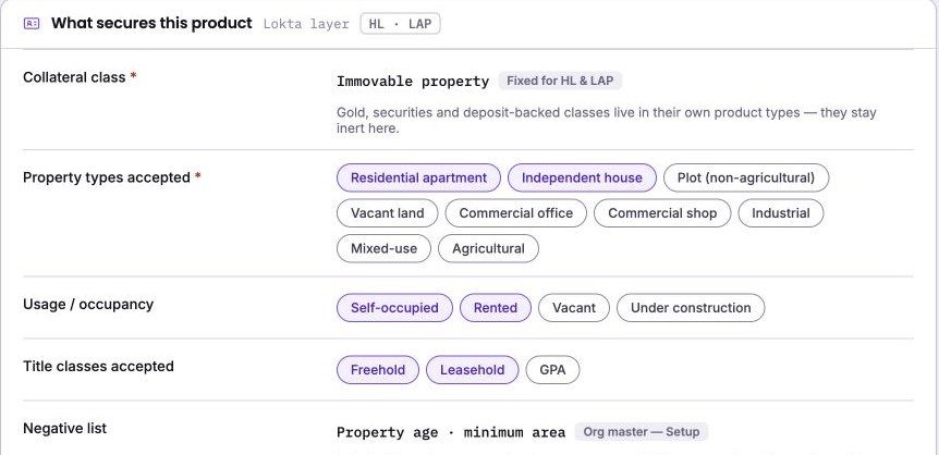 The collateral policy step of a secured loan product, showing collateral class fixed to immovable property, the property types accepted with residential apartment and independent house selected, the usage and occupancy accepted, and the title classes accepted.