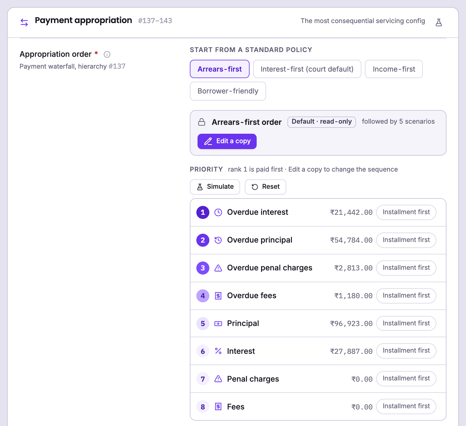 The payment appropriation step in Lokta's product builder: four standard policies to start from, and the eight components ranked one to eight, each with its own installment-first or component-first traversal setting.